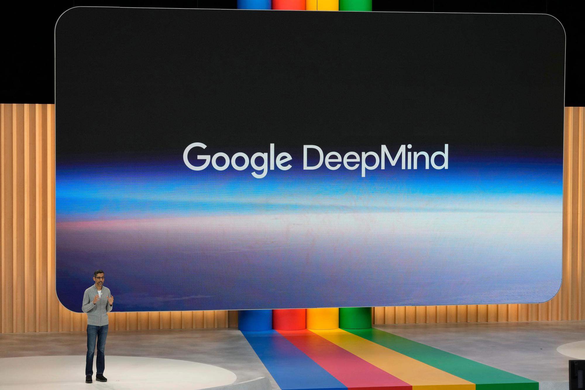 FILE – Alphabet CEO Sundar Pichai speaks about Google DeepMind at a Google I/O event in Mountain View, Calif., Wednesday, May 10, 2023. (AP Photo/Jeff Chiu, File)
