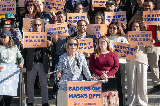 Supervisor Janice Hahn and Supervisor Lindsey Horvath rally with supporters from across the county at a press conference in front of the Kenneth Hahn Hall of Administration on Tuesday, Dec. 2, 2025 before the board meeting. The board later voted to approve first reading of an ordinance prohibiting law enforcement agents from wearing masks, disguises and not identifying themselves. (photo by Martin Zamora).
