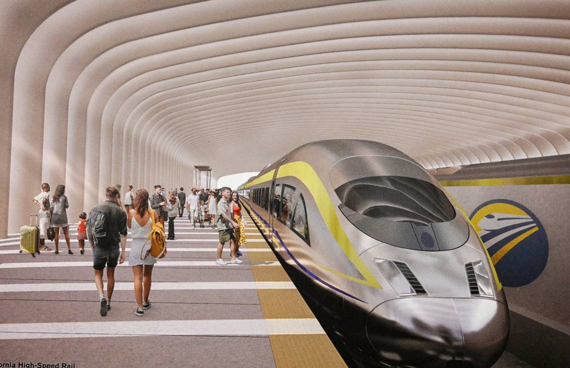 A rendering shows a high-speed rail train as it enters a station during an informational open house by the California High-Speed Rail Authority at the Hilton DoubleTree in downtown Fresno on May 1, 2024. (Craig Kohlruss/The Fresno Bee/TNS)
