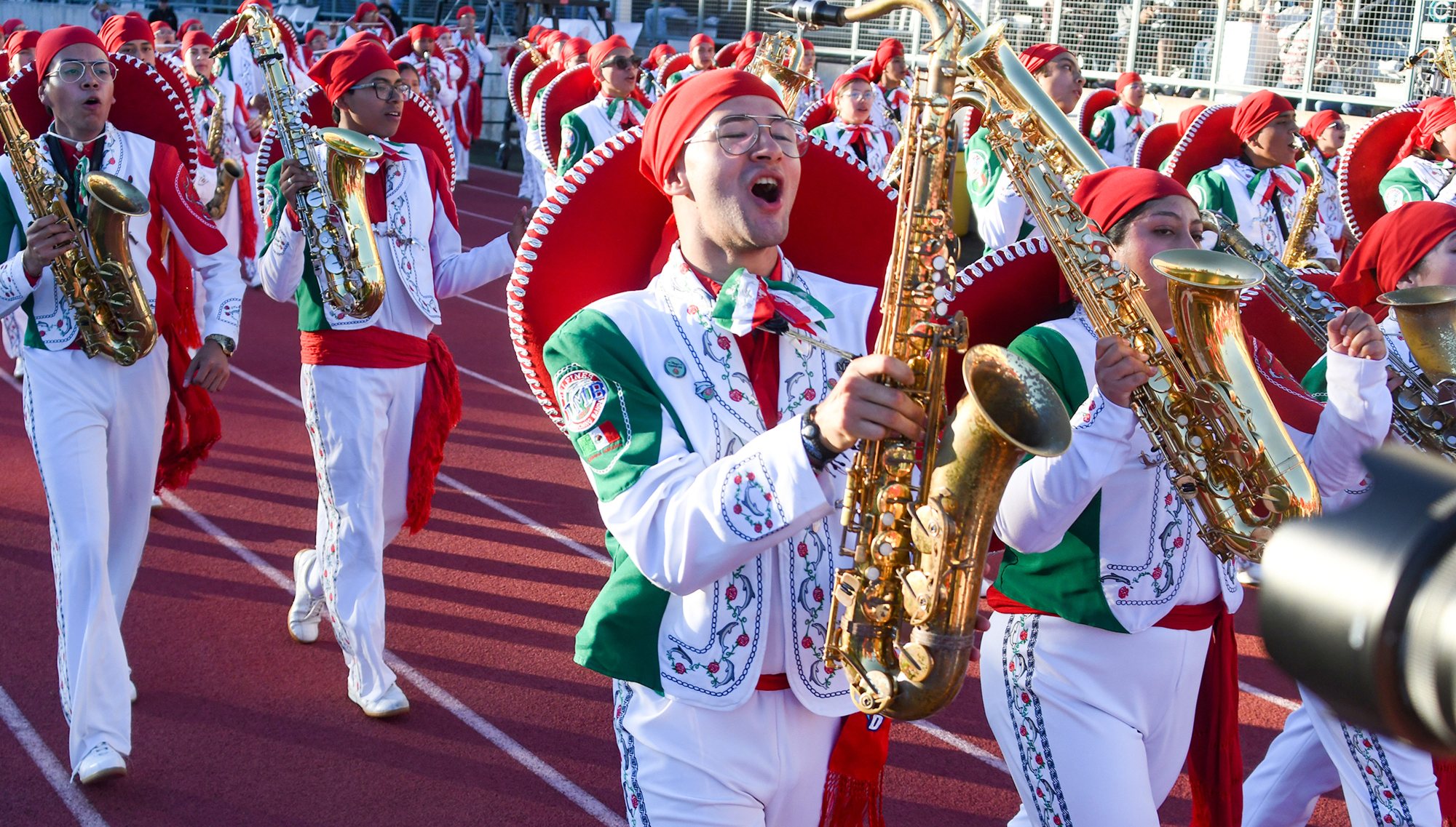 The Delfines Marching Band performs during Bandfest, featuring the marching bands that have been chosen for the Rose Parade, at Pasadena City College on Monday December 29, 2025. (Photo by Keith Durflinger, Contributing Photographer)
