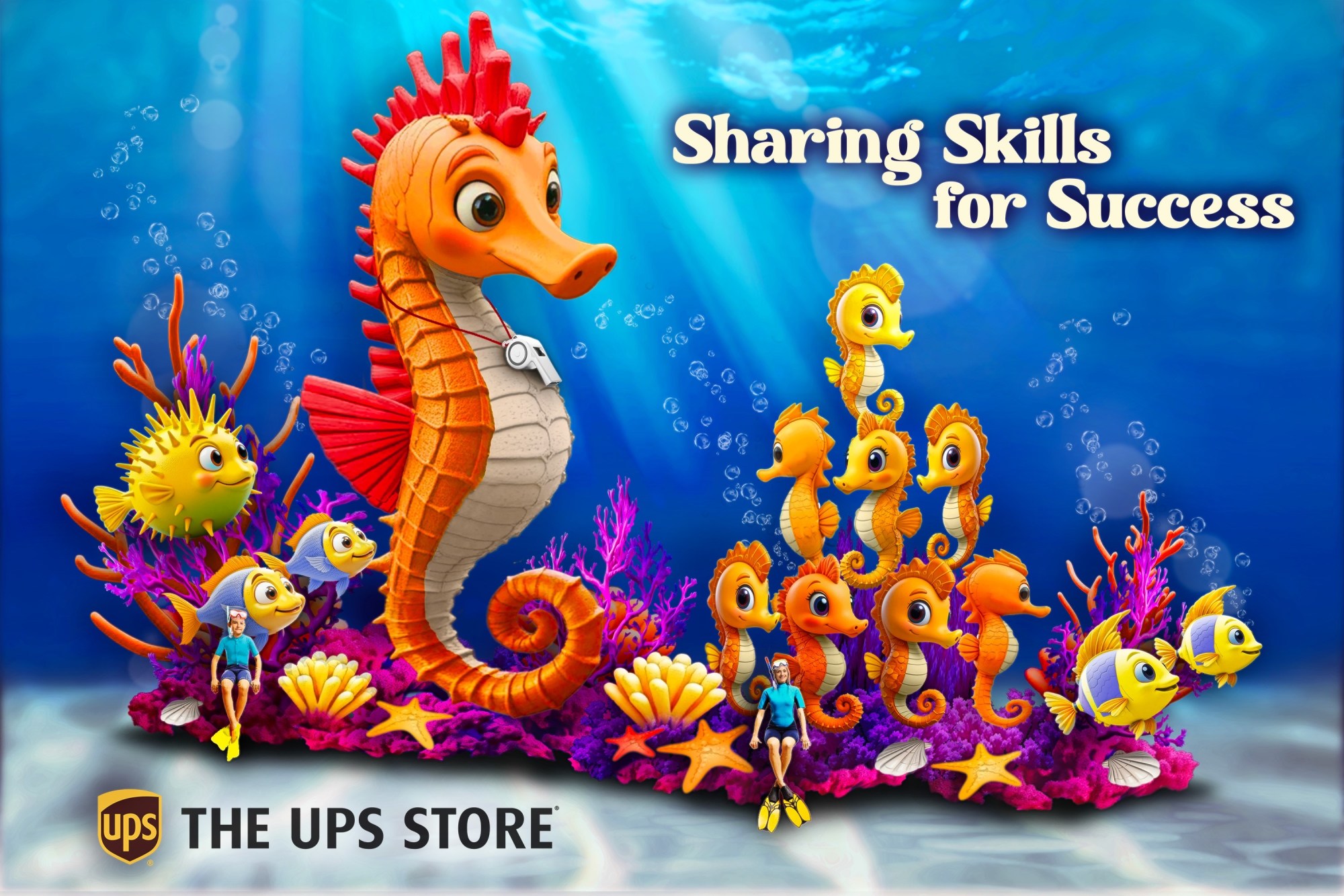 A rendering of “Sharing Skills for Success,” The UPS Store’s entry to the 137th Rose Parade features animatronic seahorses, the tallest of which could qualify for a Guinness World Record on Dec. 31. (Photo courtesy of AES)
