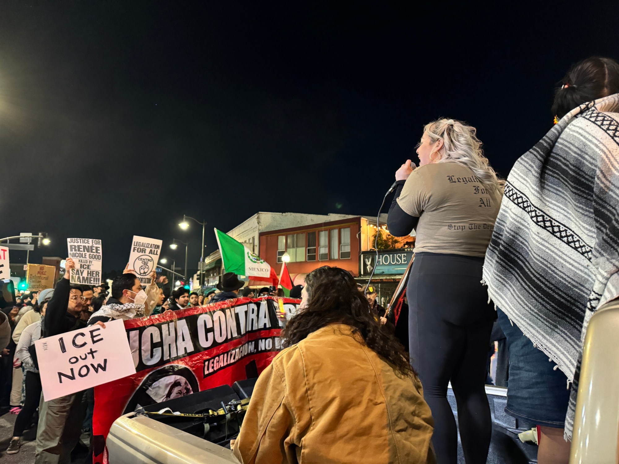 Crowds gathered at Mariachi Plaza in Boyle Heights to honor the life of Renee Nicole Good, the woman who died after an ICE officer shot her in Minneapolis on Wednesday, Jan. 7. (Photo by Joshua Silla)
